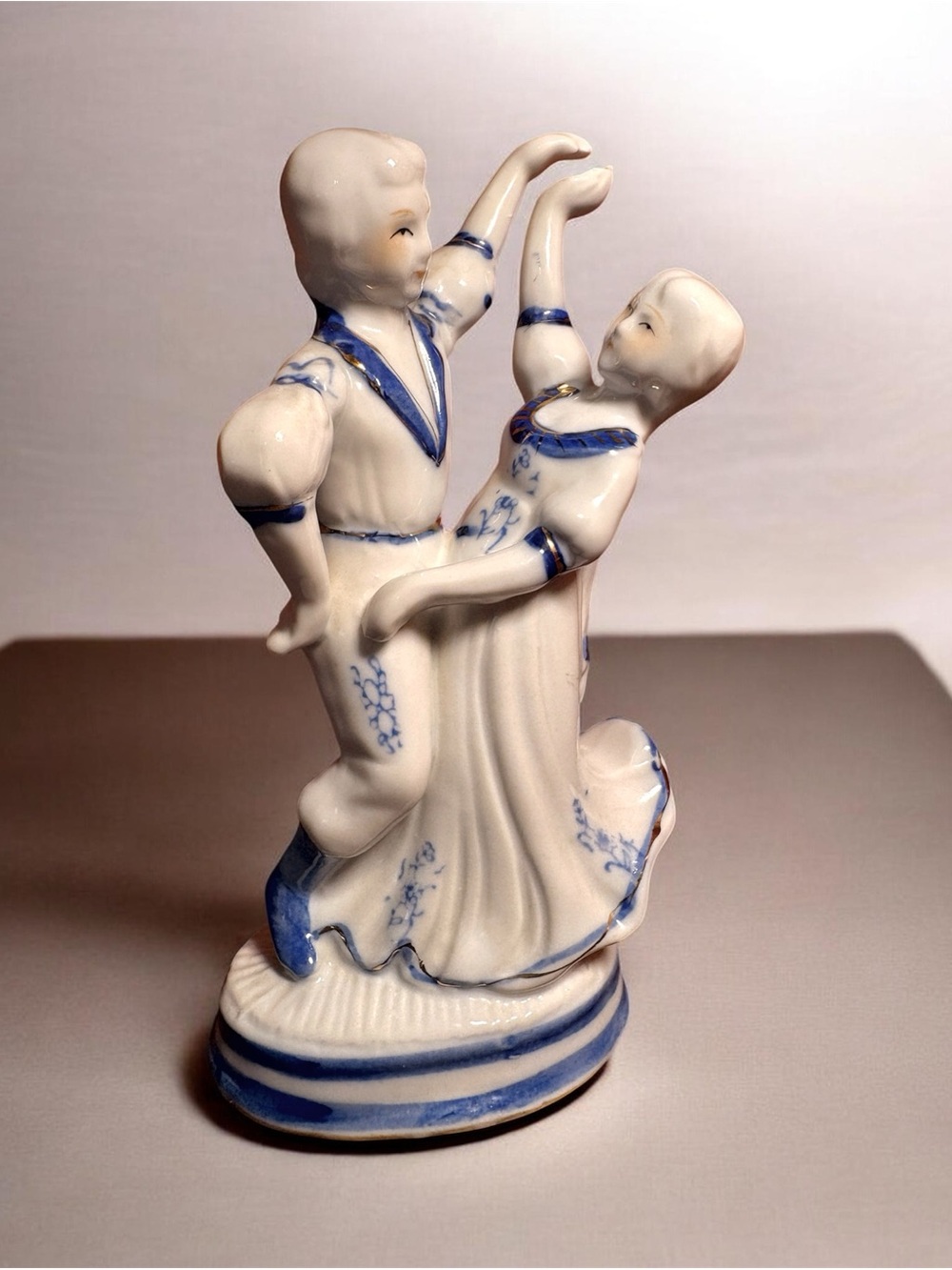Cobalt Blue Gold  and White Porcelain Dancing Couple Figurine